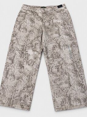Ashley Graham Cream Snake Print Slouchy Wide Leg Jeans Pants Size 22W NWT